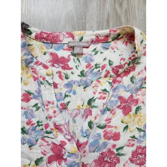Falls Creek Linen Blend Floral Shirt Short Ruffle Sleeves V Neck Plus Sz 3X EUC - Picture 3 of 8